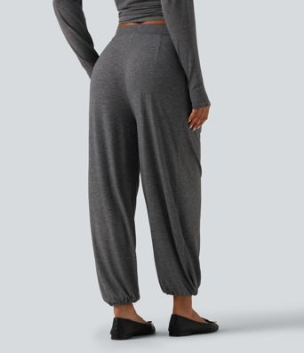 Mid Rise Drawstring Pleated Casual Joggers with Pockets