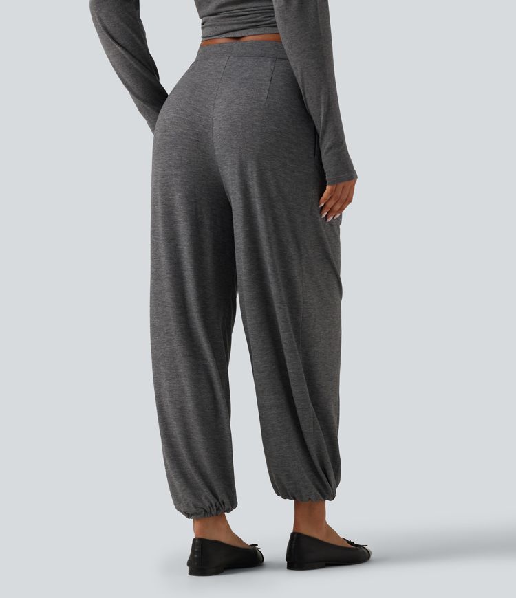 Mid Rise Drawstring Pleated Casual Joggers with Pockets