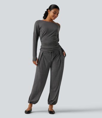 Mid Rise Drawstring Pleated Casual Joggers with Pockets