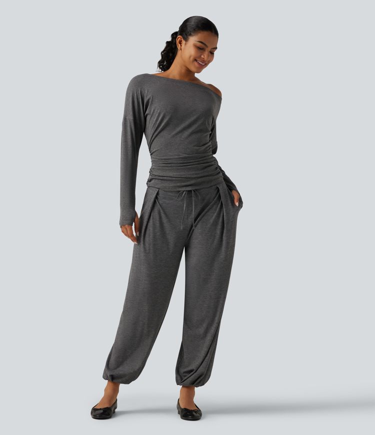 Mid Rise Drawstring Pleated Casual Joggers with Pockets