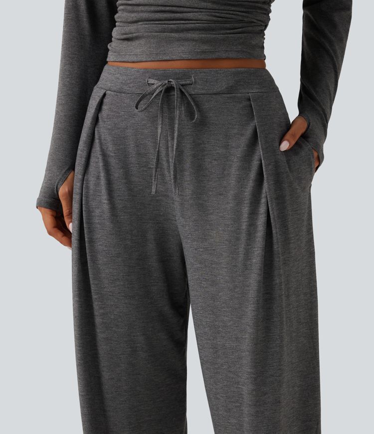 Mid Rise Drawstring Pleated Casual Joggers with Pockets