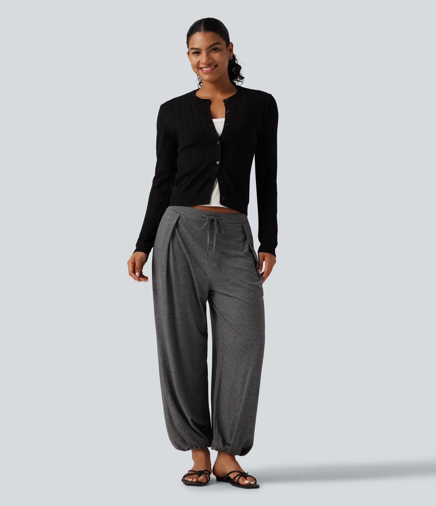 Mid Rise Drawstring Pleated Casual Joggers with Pockets