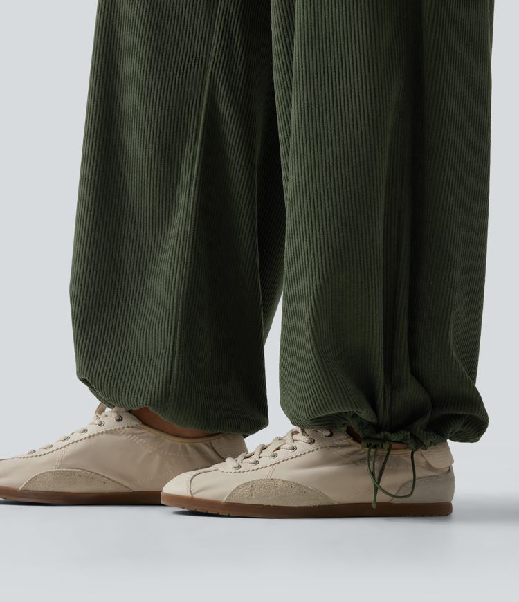 High Waisted Straight Leg Gathered Hem Corduroy Cargo Casual Pants with Pockets High Waisted Straight Leg Gathered Hem Corduroy Cargo Casual Pants with Pockets