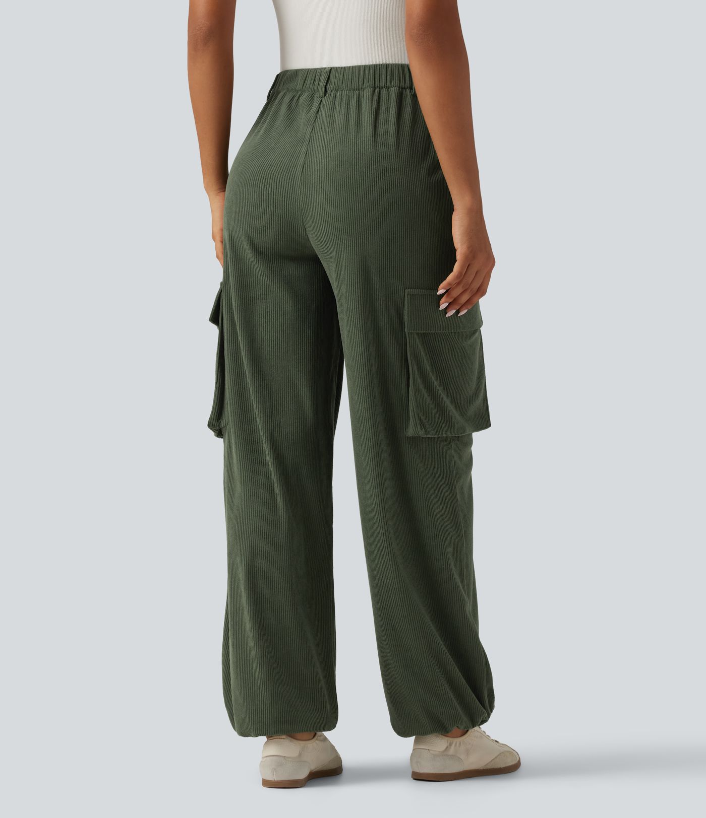 High Waisted Straight Leg Gathered Hem Corduroy Cargo Casual Pants with Pockets High Waisted Straight Leg Gathered Hem Corduroy Cargo Casual Pants with Pockets