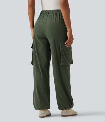 High Waisted Straight Leg Gathered Hem Corduroy Cargo Casual Pants with Pockets High Waisted Straight Leg Gathered Hem Corduroy Cargo Casual Pants with Pockets