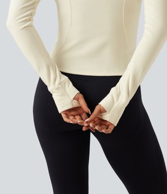 Stand Collar Long Sleeve Fleece Slim Yoga Track Jacket with Thumb Hole and Pockets