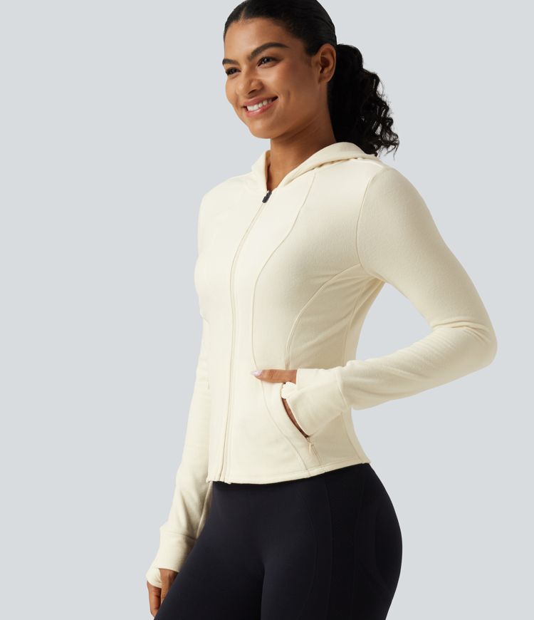 Stand Collar Long Sleeve Fleece Slim Yoga Track Jacket with Thumb Hole and Pockets