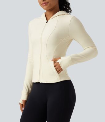 Stand Collar Long Sleeve Fleece Slim Yoga Track Jacket with Thumb Hole and Pockets
