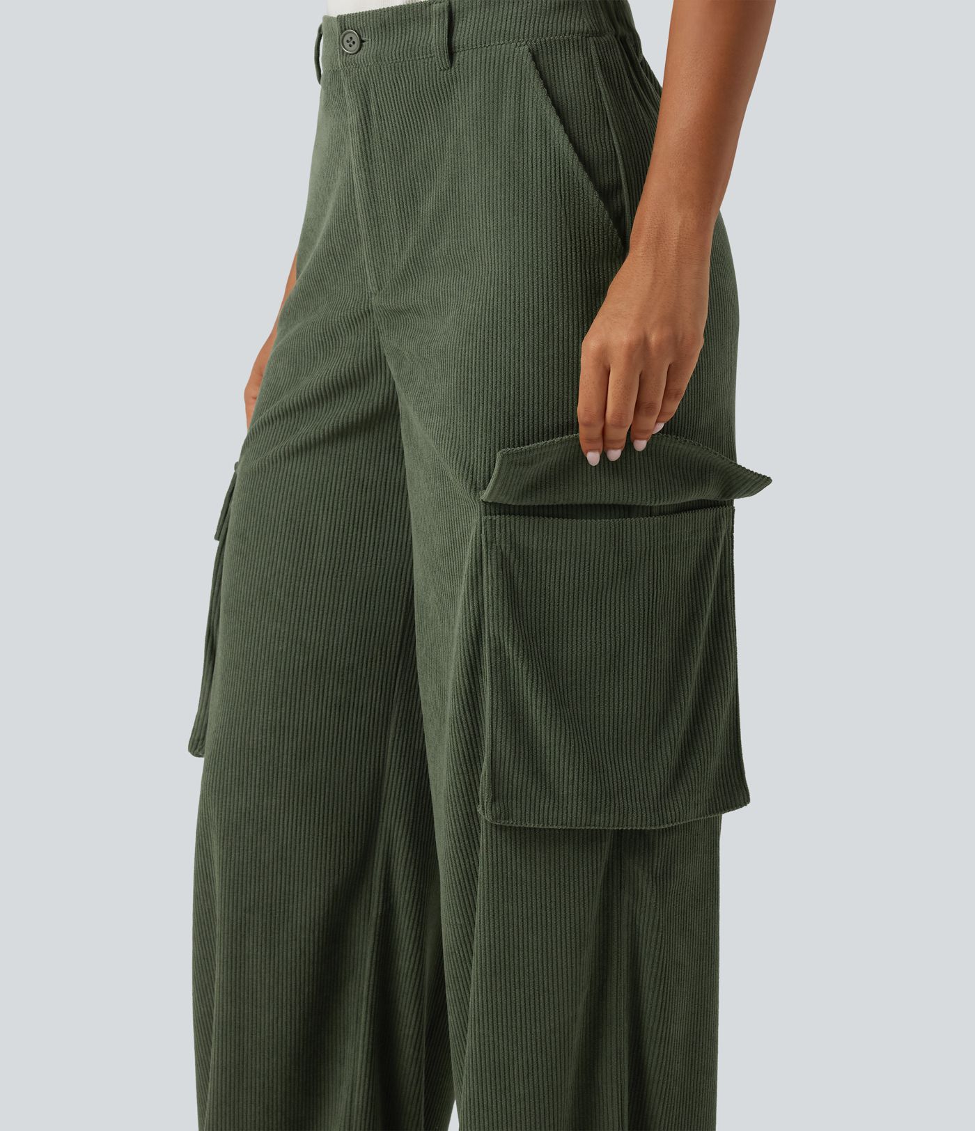 High Waisted Straight Leg Gathered Hem Corduroy Cargo Casual Pants with Pockets High Waisted Straight Leg Gathered Hem Corduroy Cargo Casual Pants with Pockets