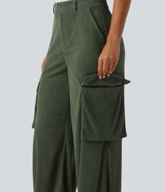 High Waisted Straight Leg Gathered Hem Corduroy Cargo Casual Pants with Pockets High Waisted Straight Leg Gathered Hem Corduroy Cargo Casual Pants with Pockets