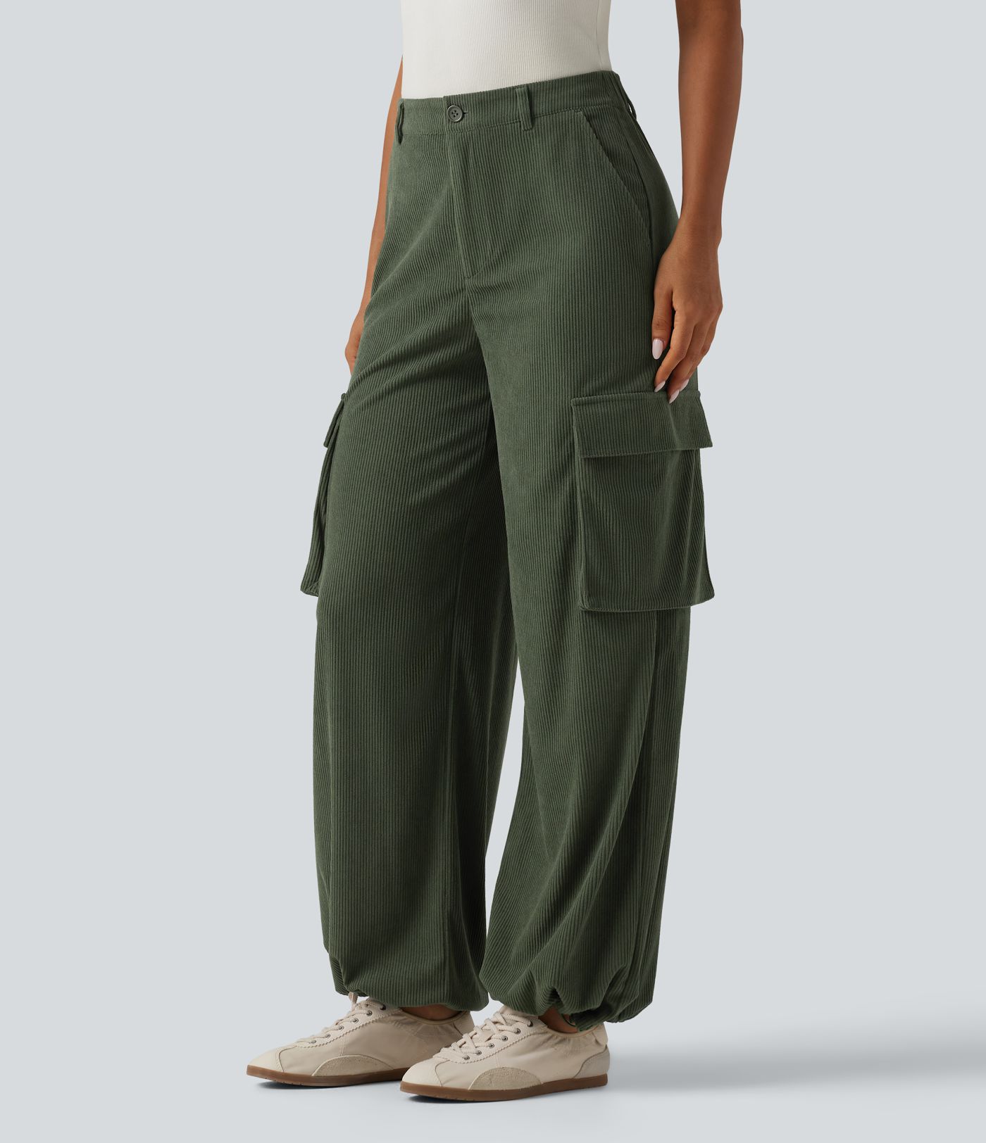 High Waisted Straight Leg Gathered Hem Corduroy Cargo Casual Pants with Pockets High Waisted Straight Leg Gathered Hem Corduroy Cargo Casual Pants with Pockets
