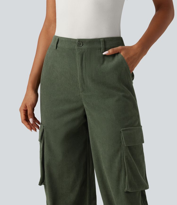 High Waisted Straight Leg Gathered Hem Corduroy Cargo Casual Pants with Pockets High Waisted Straight Leg Gathered Hem Corduroy Cargo Casual Pants with Pockets
