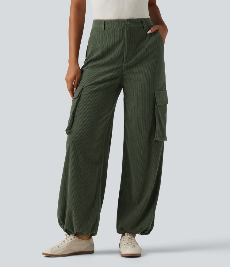 High Waisted Straight Leg Gathered Hem Corduroy Cargo Casual Pants with Pockets
