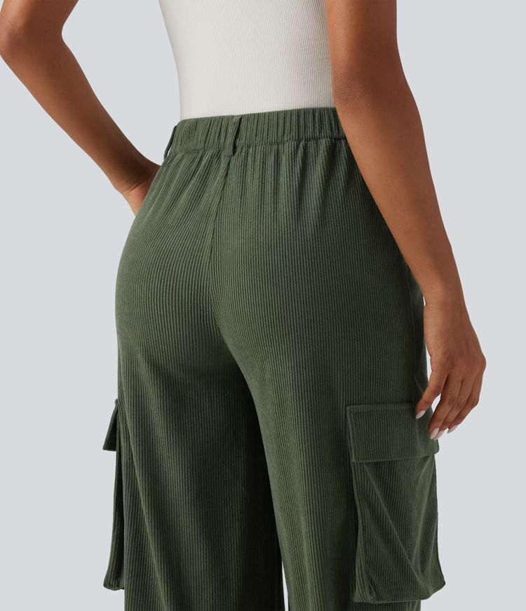 High Waisted Straight Leg Gathered Hem Corduroy Cargo Casual Pants with Pockets High Waisted Straight Leg Gathered Hem Corduroy Cargo Casual Pants with Pockets