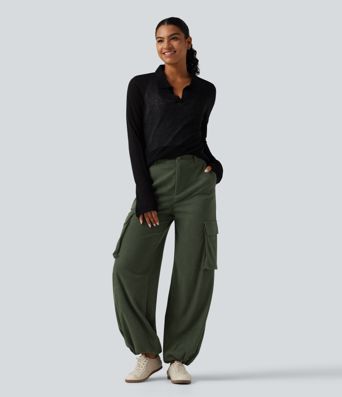 High Waisted Straight Leg Gathered Hem Corduroy Cargo Casual Pants with Pockets High Waisted Straight Leg Gathered Hem Corduroy Cargo Casual Pants with Pockets