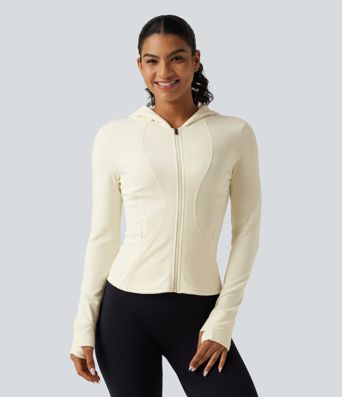 Stand Collar Long Sleeve Fleece Slim Yoga Track Jacket with Thumb Hole and Pockets