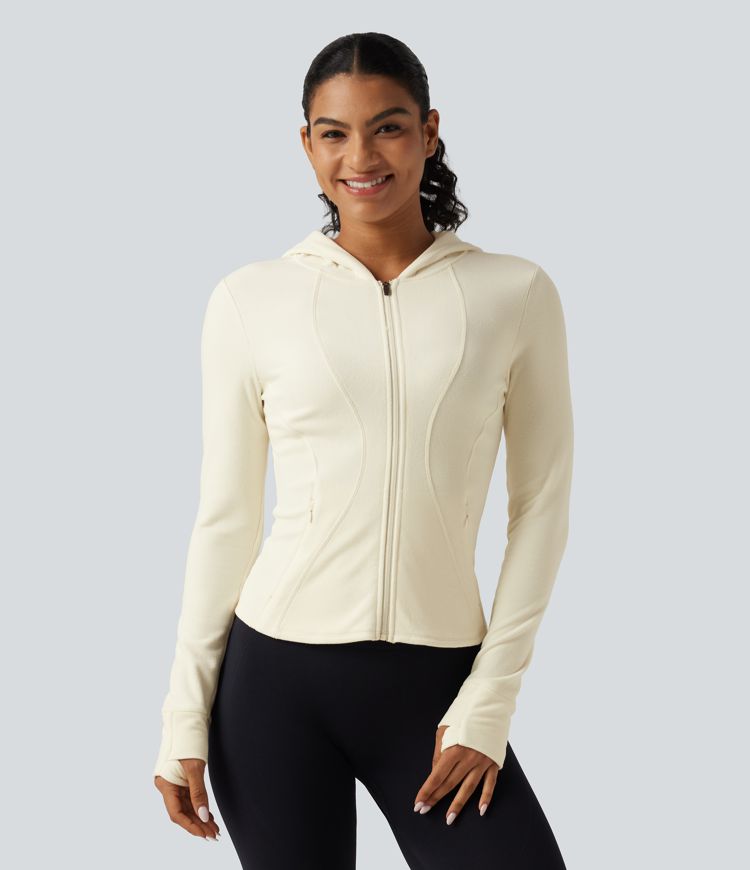 Stand Collar Long Sleeve Fleece Slim Yoga Track Jacket with Thumb Hole and Pockets