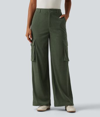 High Waisted Straight Leg Gathered Hem Corduroy Cargo Casual Pants with Pockets High Waisted Straight Leg Gathered Hem Corduroy Cargo Casual Pants with Pockets