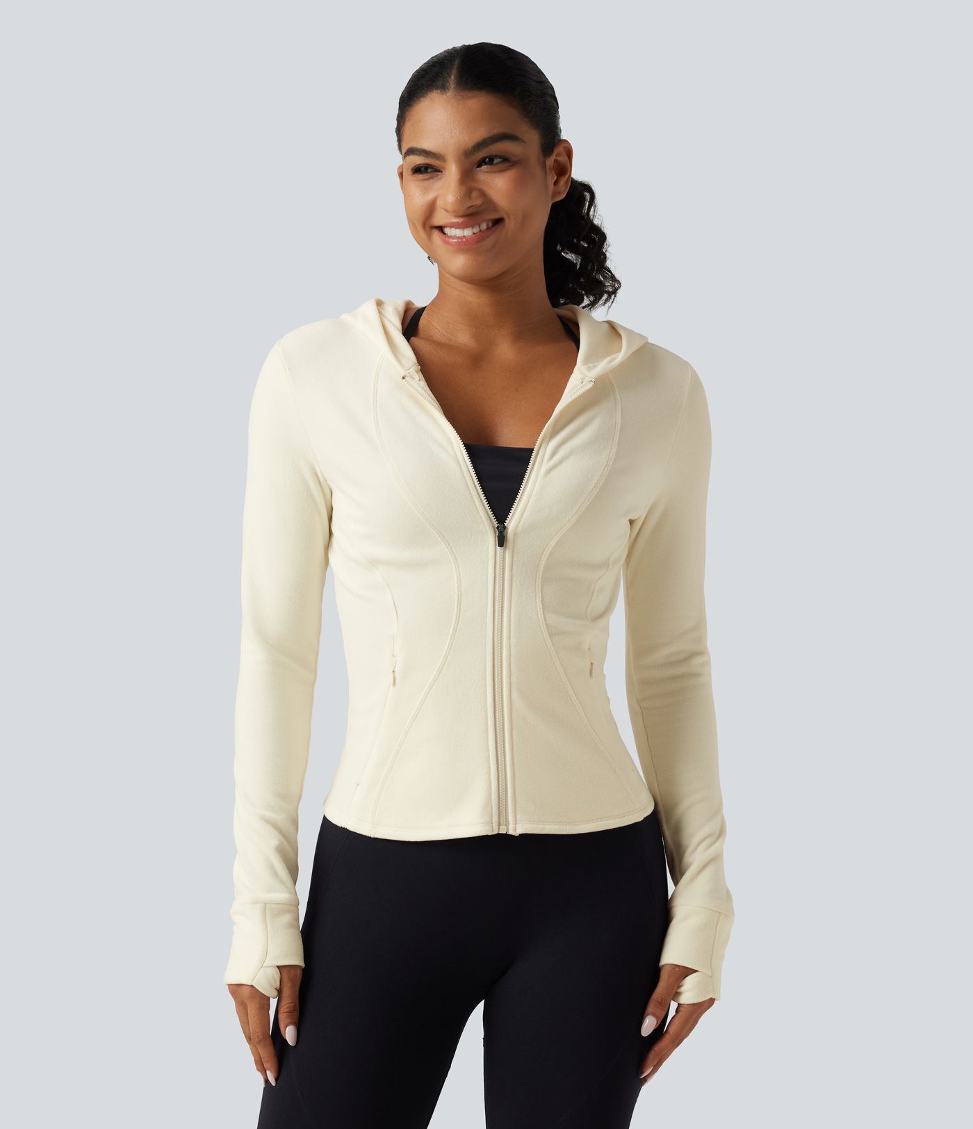 Stand Collar Long Sleeve Fleece Slim Yoga Track Jacket with Thumb Hole and Pockets