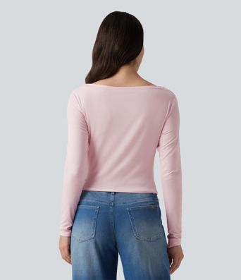 Boat Neck Long Sleeve Ruched Uneven Hem Casual Top