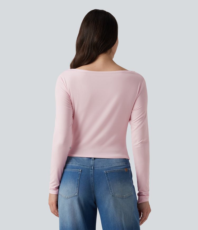 Boat Neck Long Sleeve Ruched Uneven Hem Casual Top