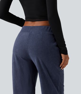 Pantalon en velours côtelé taille mi-haute coupe droite avec poches