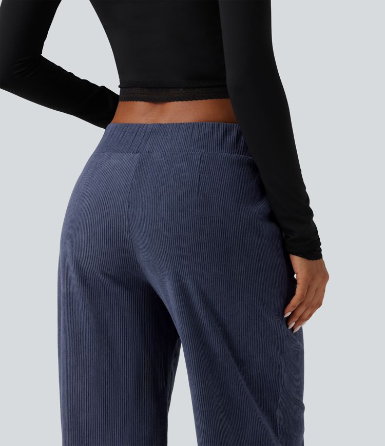 Pantalon en velours côtelé taille mi-haute coupe droite avec poches