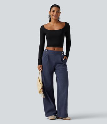 Pantalon en velours côtelé taille mi-haute coupe droite avec poches