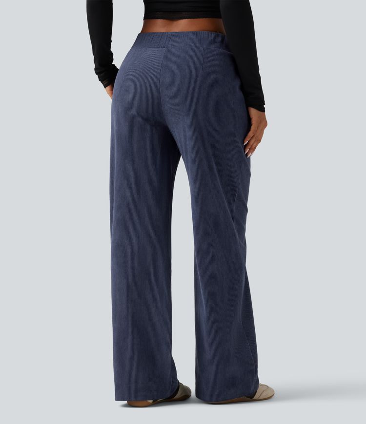 Pantalon en velours côtelé taille mi-haute coupe droite avec poches