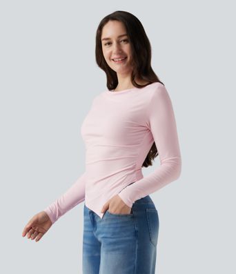 Boat Neck Long Sleeve Ruched Uneven Hem Casual Top