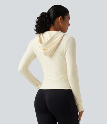 Stand Collar Long Sleeve Fleece Slim Yoga Track Jacket with Thumb Hole and Pockets