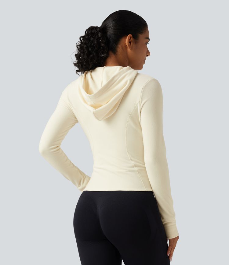 Stand Collar Long Sleeve Fleece Slim Yoga Track Jacket with Thumb Hole and Pockets