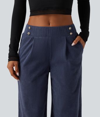 Pantalon en velours côtelé taille mi-haute coupe droite avec poches