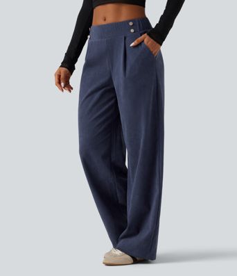 Pantalon en velours côtelé taille mi-haute coupe droite avec poches