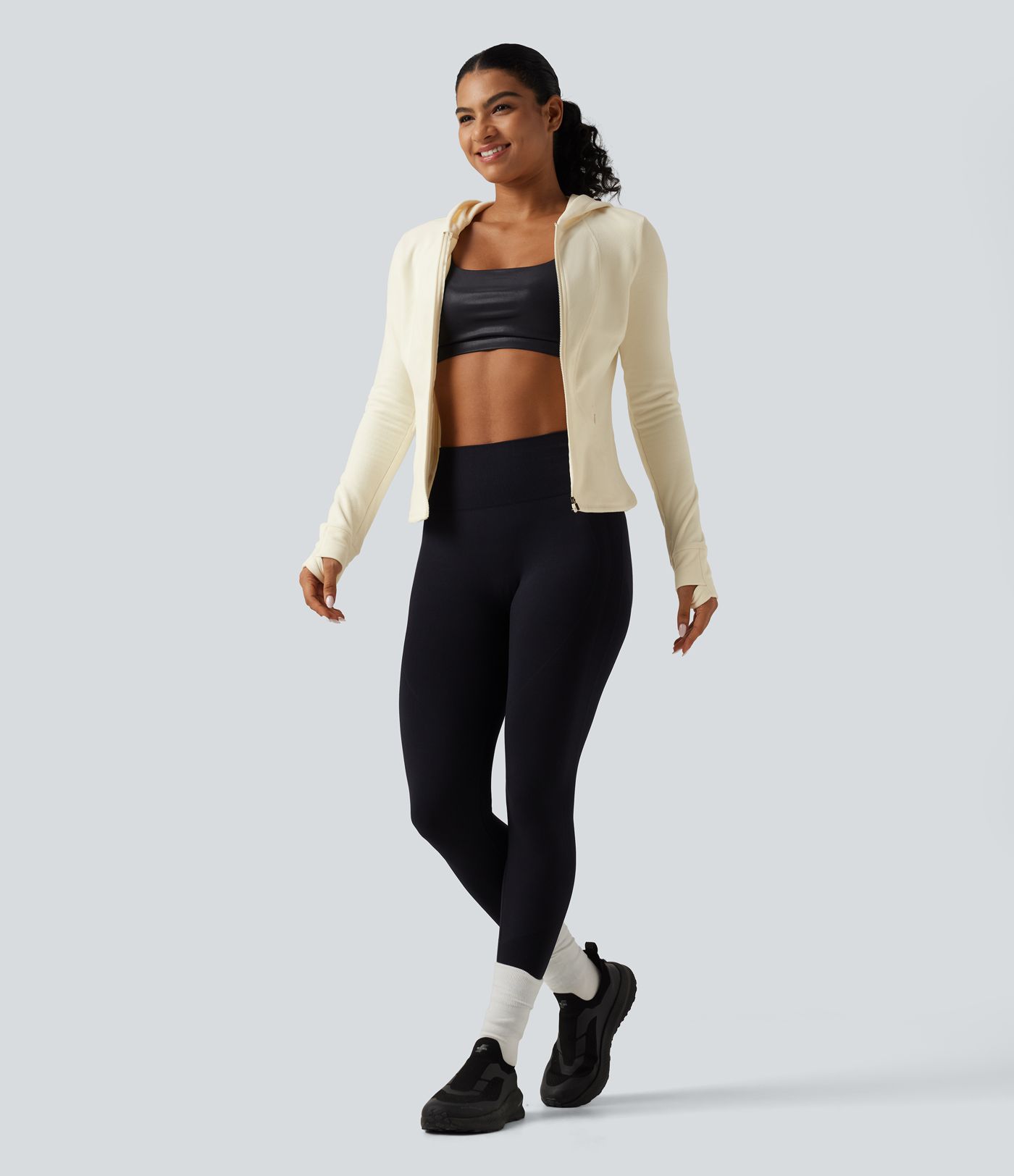 Stand Collar Long Sleeve Fleece Slim Yoga Track Jacket with Thumb Hole and Pockets