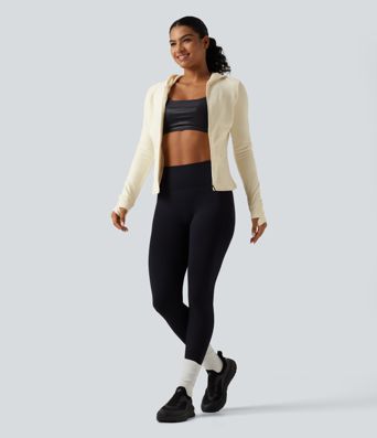 Stand Collar Long Sleeve Fleece Slim Yoga Track Jacket with Thumb Hole and Pockets