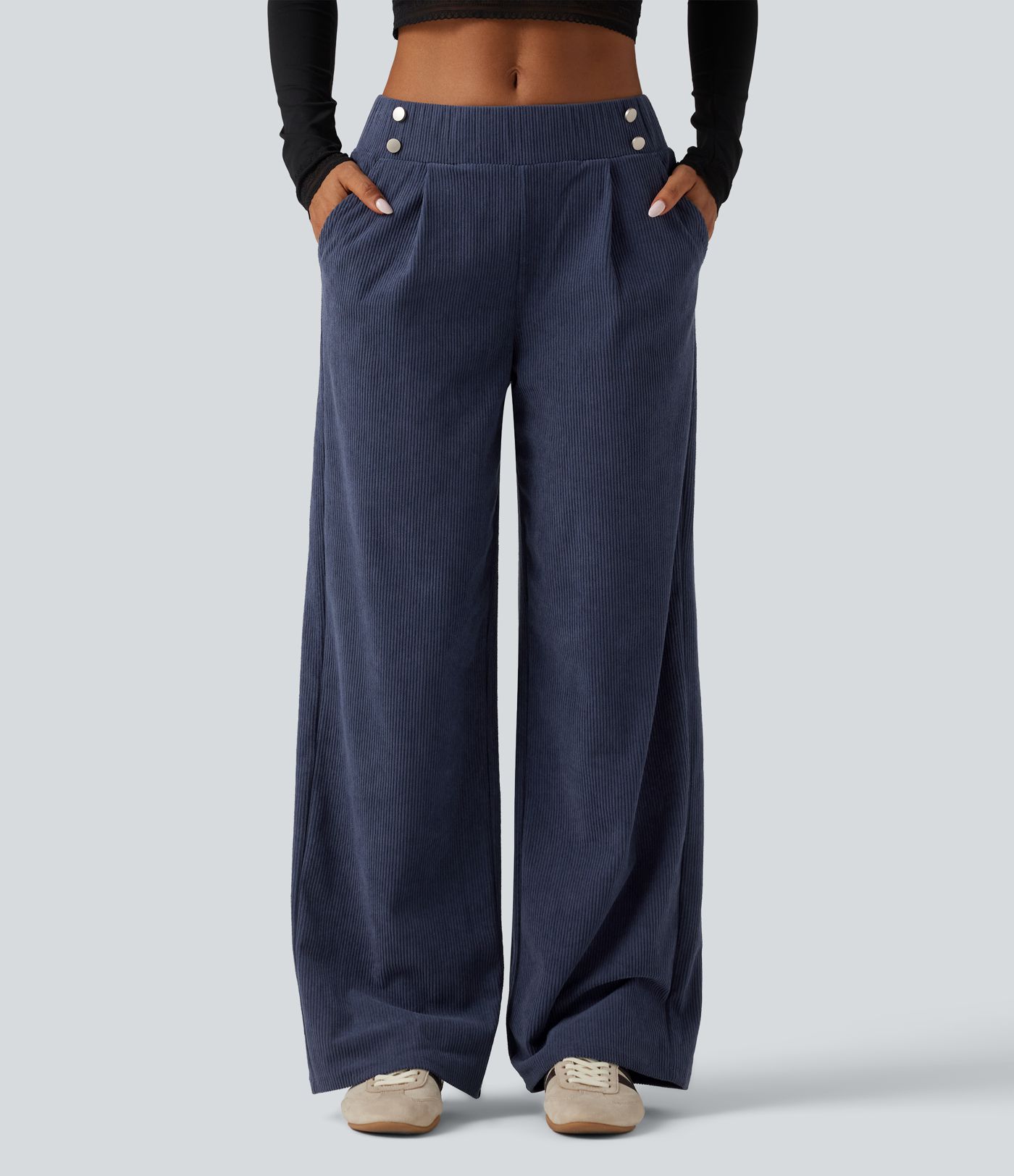 Pantalon en velours côtelé taille mi-haute coupe droite avec poches