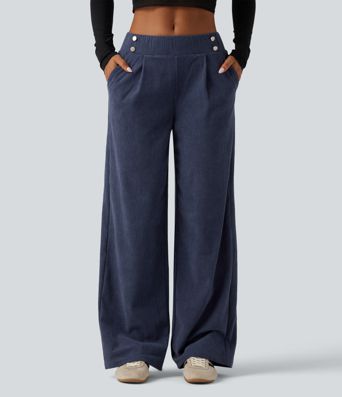 Pantalon en velours côtelé taille mi-haute coupe droite avec poches