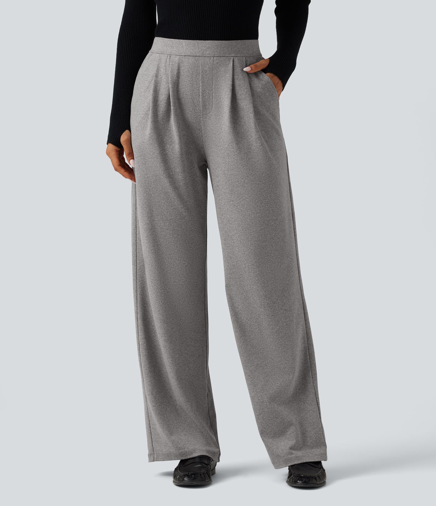 Casual broek met hoge taille, gemêleerde stof, plooien, wijde pijpen en zakken