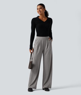 Casual broek met hoge taille, gemêleerde stof, plooien, wijde pijpen en zakken