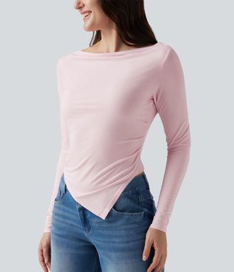 Boat Neck Long Sleeve Ruched Uneven Hem Casual Top
