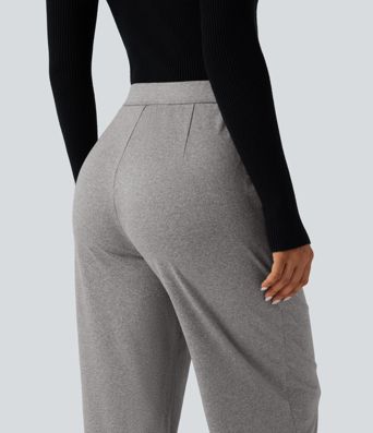 Casual broek met hoge taille, gemêleerde stof, plooien, wijde pijpen en zakken