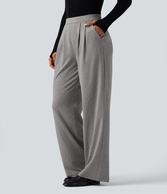 Casual broek met hoge taille, gemêleerde stof, plooien, wijde pijpen en zakken
