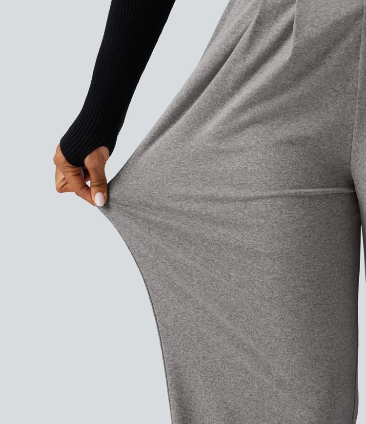 Casual broek met hoge taille, gemêleerde stof, plooien, wijde pijpen en zakken