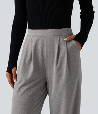 Casual broek met hoge taille, gemêleerde stof, plooien, wijde pijpen en zakken