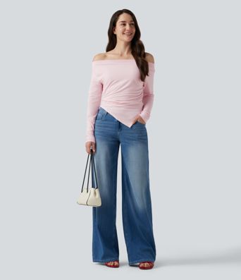 Boat Neck Long Sleeve Ruched Uneven Hem Casual Top