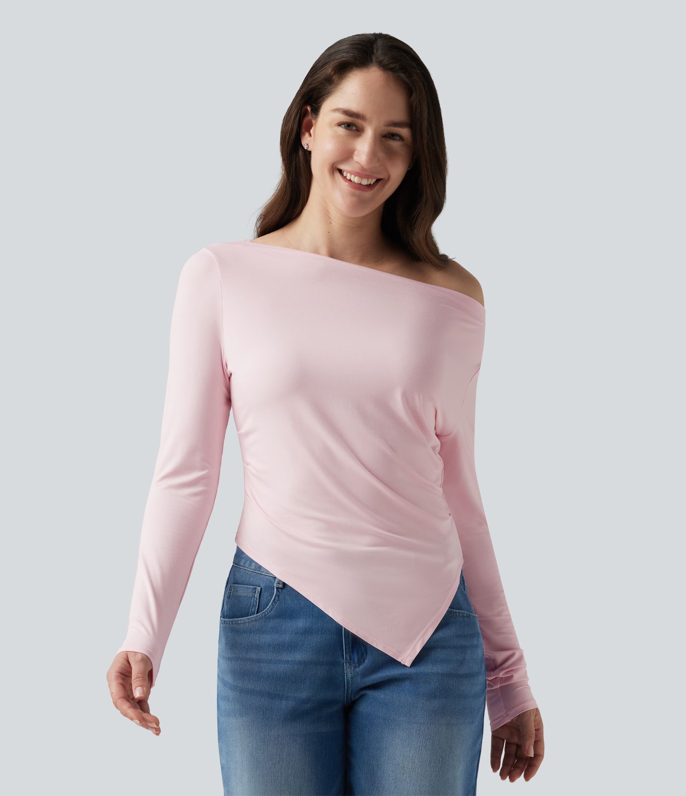Boat Neck Long Sleeve Ruched Uneven Hem Casual Top