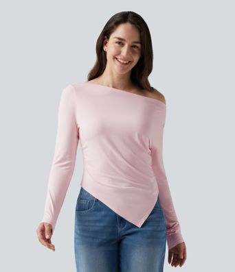 Boat Neck Long Sleeve Ruched Uneven Hem Casual Top