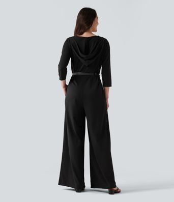 Hooded 3/4 Sleeve Baggy Relaxed Casual Jumpsuit with Pockets Hooded 3/4 Sleeve Baggy Relaxed Casual Jumpsuit with Pockets