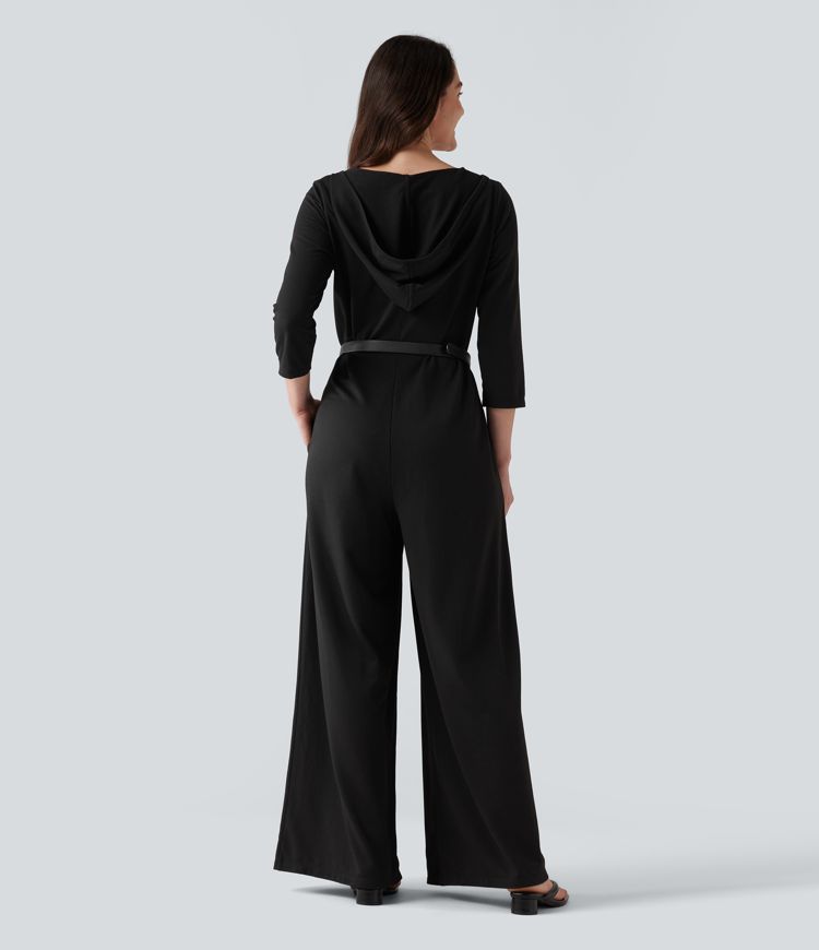 Hooded 3/4 Sleeve Baggy Relaxed Casual Jumpsuit with Pockets Hooded 3/4 Sleeve Baggy Relaxed Casual Jumpsuit with Pockets